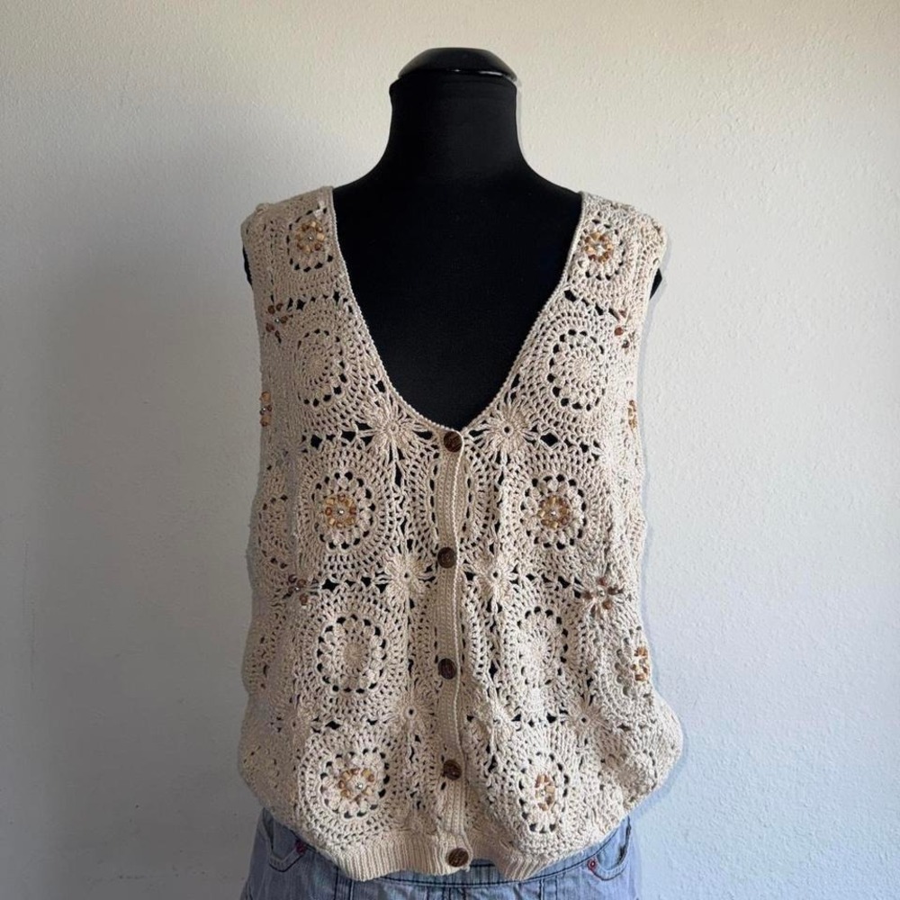 Jantzen Vintage Cream Granny Square Crochet Coverup Vest Boho Cottagecore M